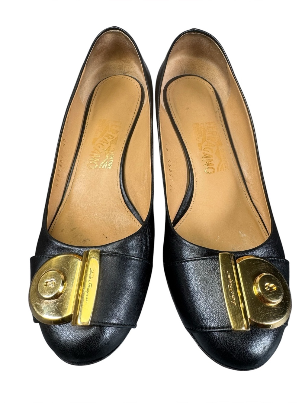 Salvatore Ferragamo Fiamma Black Leather Block Heel Pumps Women 7.5 Gold Detail